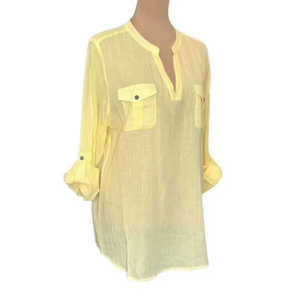 NWT 100% Cotton Tunic Top  Sz.L Pastel Yellow Crinkle V-Neck Minimalist Cottage - Picture 4 of 12